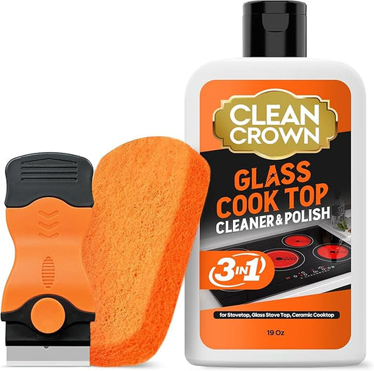 3-in-1 Cooktop Cleaner Kit (19 Oz Cooktop Cleaner + Scrubbing Pad + Scraper), Stovetop Cleaner for Electric Top Stoves, Ceramic Cooktops & Fireplace Glass, Remove Burned on Food, Grease