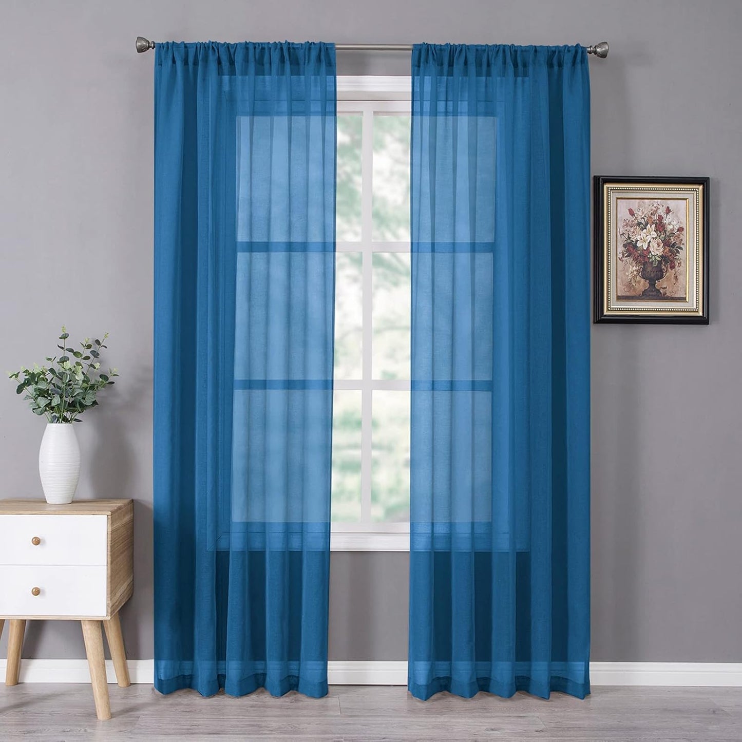 Tollpiz Sheer Curtain Linen Textured Living Room Curtains Sheer Light Filtering Rod Pocket Voile Curtain for Bedroom, 54 x 72 inches Long, Classic Blue, Set of 2 Panels
