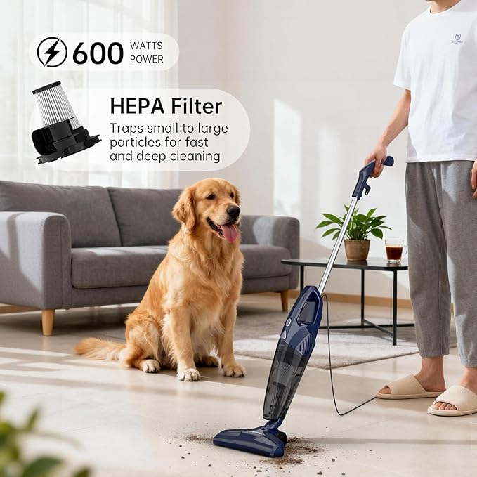 Corded Vacuum Cleaner, 14KPa Powerful Suction with 600W Motor, Lightweight Stick Vacuum Cleaner, Converts to Handheld with Washable Filter, Handheld Vacuum for Home, Pet Hair, Carpet, Hard Floors, Car