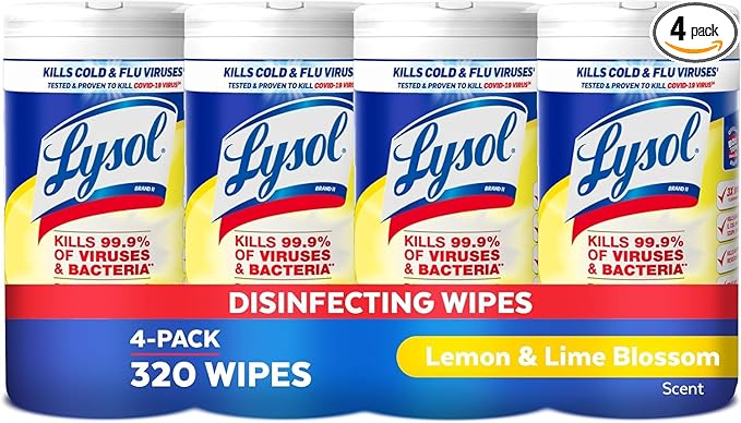 Lysol Disinfectant Wipes, Multi-Surface Antibacterial Cleaning Wipes, For Disinfecting and Cleaning, Lemon and Lime Blossom, Pack of 4