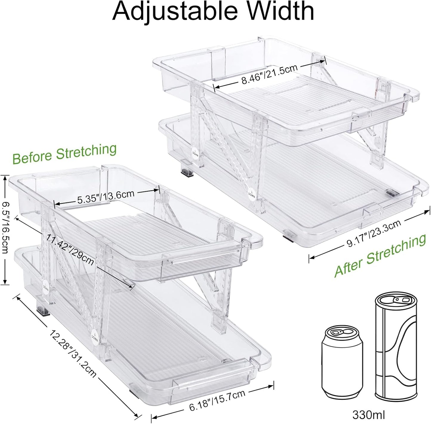 2 Pack Drink Organizer for Refrigerator, Soda Can Dispenser, Adjustable Width Canned Food Pop Cans Container Beverage Holder for Fridge Organizing, Clear Plastic Storage Bins