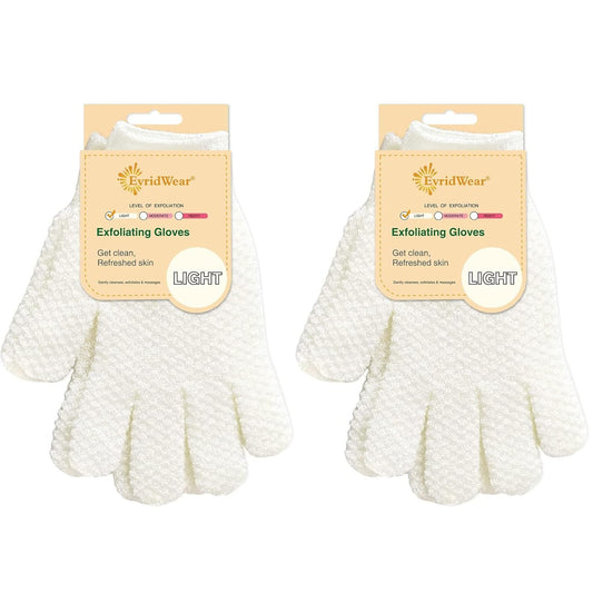 Evridwear Exfoliating Gloves for Shower, 100% Nylon Thick Soft Medium Heavy Bathing Gloves Dead Skin Remover Body Scrubber Smooth Skin with Hang Loop, 2 Pairs Light White