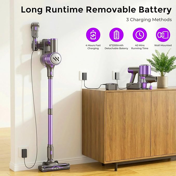 Vacuum Cleaners for Home,Cordless Vacuum Cleaner,Lightweight Stick Vacuum Cordless Rechargeable,Self-Standing Design,LED Touch Screen,Vacuum for Hardwood Floors,Carpet,Pet Hair(Purple)