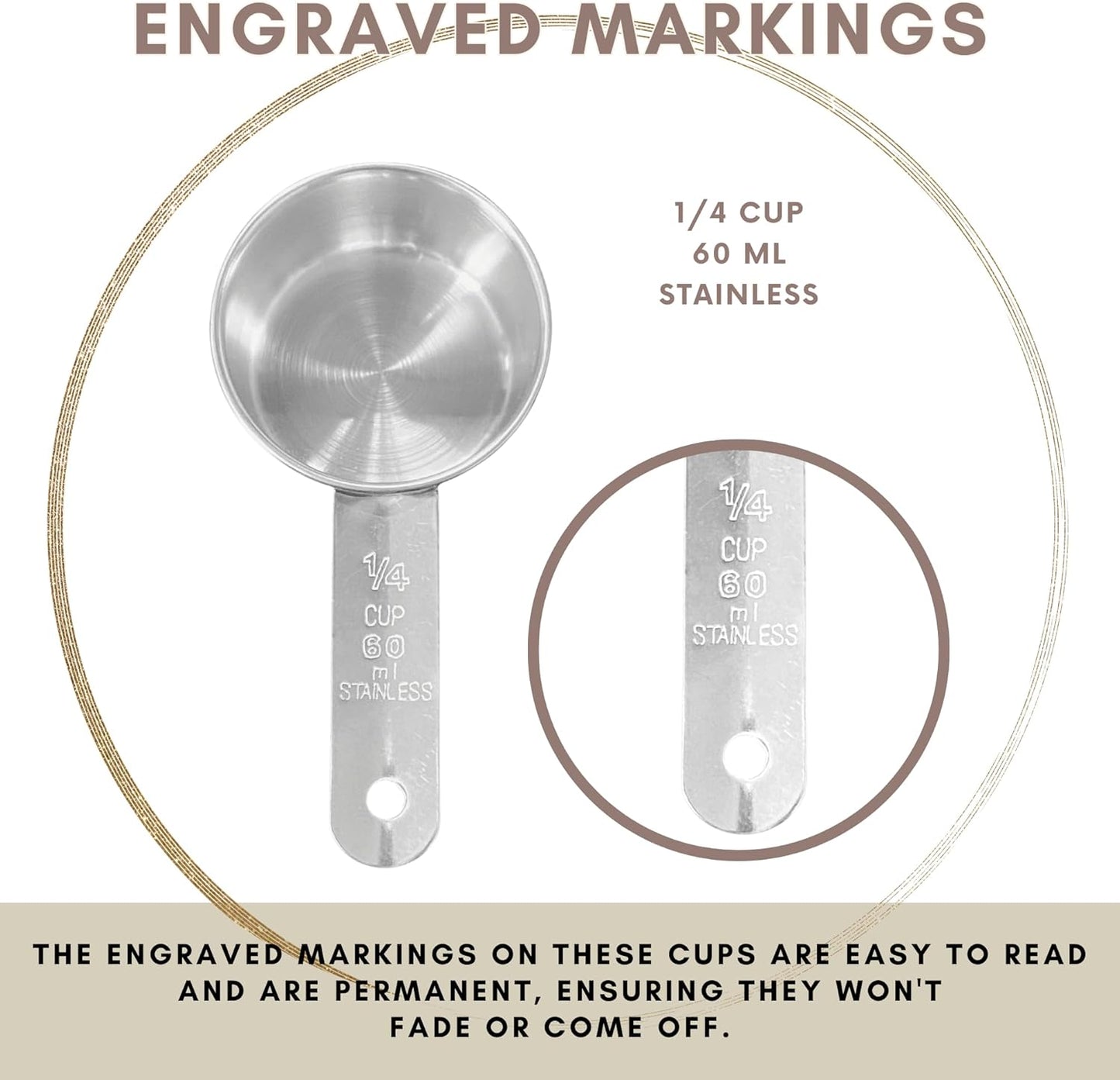 1/4 Cup Stainless Steel Measuring Cup | Sturdy Metal 60 ml | 60 cc | 2 oz | Single Cup for Wet and Dry Ingredients | Great for use as 1/4 Cup Dog Food Scoop - 12 PK