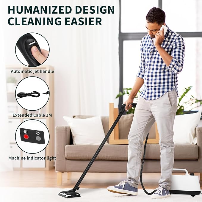 Steam Cleaner,Multipurpose Neat Canister Steamer with 21 Accessories, 5 Mins Heating with 1.5L Tank,Rolling Cleaning Machine for Carpet, Floors,Windows,Mirrors,Glass and Cars (White)