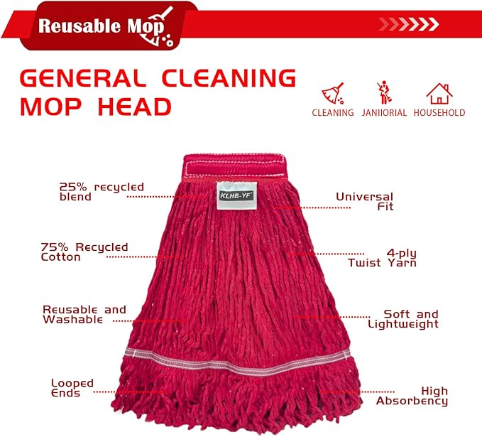 Heavy Duty Wet Industrial Cleaning Mop Head – 21 oz red mop Head Replacement Cotton Washable Industrial mop Heads Heavy Duty for Commercial & Home Cleaning（RED）