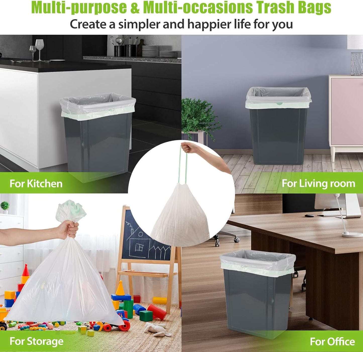 Large Trash Bag 13 Gallon Tall Drawstring 100% Post-Consumer Recycled Garbage Bag Waste Bag for Kitchen Office 0.6 Mil (200 Count)