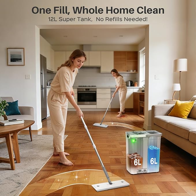Mop and Bucket Set with AUTO Pump, 3-Zone Separate Dirty and Clean Water, Flat Mop and Bucket System with Wringer and Wheels, 3 Reusable Microfiber Pads, One-Touch Water Filling for Home Cleaning
