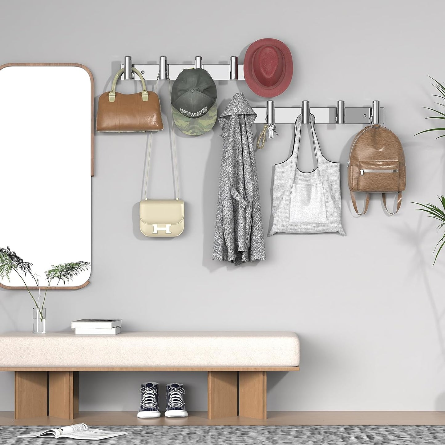 VAEHOLD Hat and Coat Wall Mount Rack - Hooks for Robes, Bags, Keys, and Towels - Bathroom Towel Hanger Organizer (Polished Chrome, “T“ Shape 5 Hooks 2 Pack)