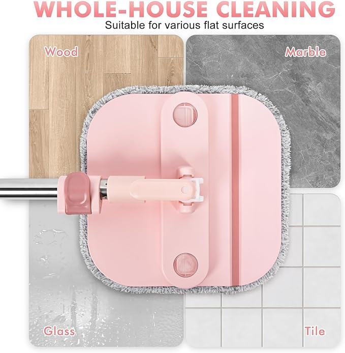 KZKR Square Spin Mop and Bucket Set with Self Separation Dirty and Clean Water System,Self Wringing 360° Rotating Mops Head for Home Floors Cleaning (2.0 mop Bucket Set with 6 Pads, Pink)