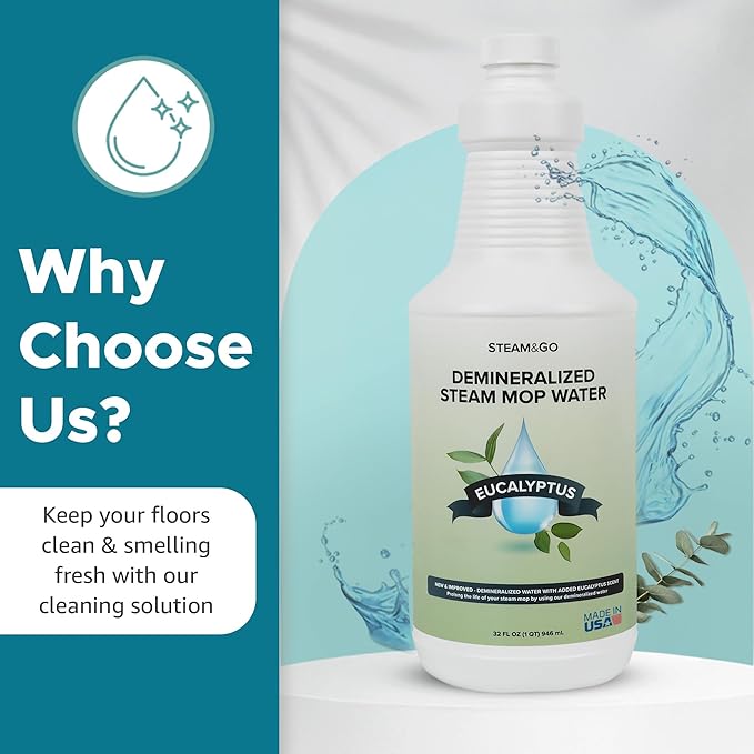 Steam & Go Demineralized Water for Steam Cleaner, PVC-Free Floor Cleaning Liquid Compatible with Any Steam Mop, Ready-to-Use Multisurface Cleaner, Scented, Eucalyptus Mint, 32 oz, Pack of 6