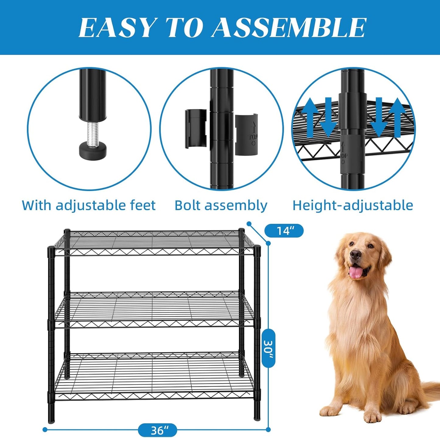 3-Shelf Adjustable Metal Shelf Wire Shelving Unit Storage Rack Display Shelf for Office,Kitchen,Bedroom,Bathroom,Laundry,Pantry Basement,Garage(Black,36" L x 14" W x 30" H)