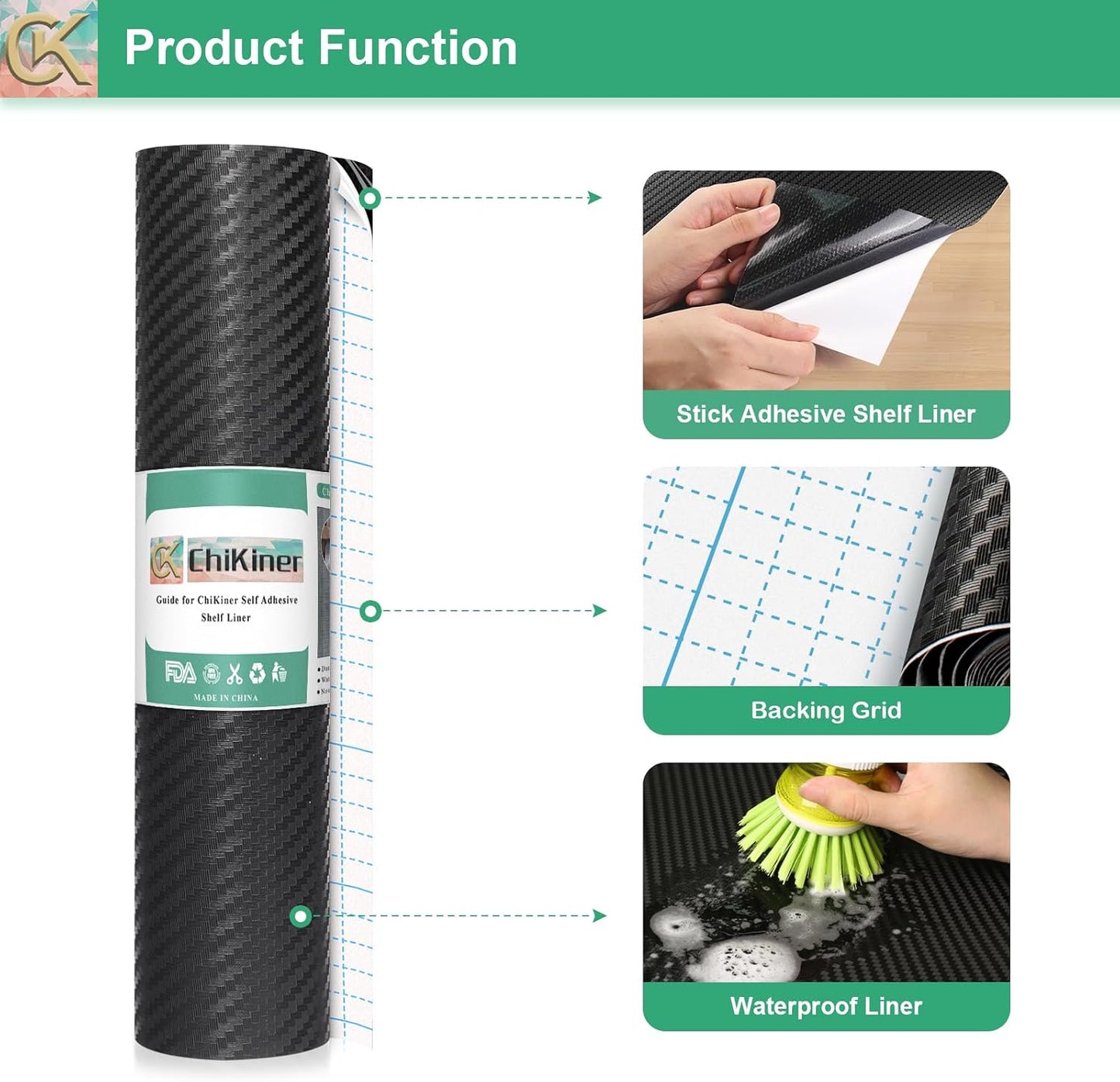 Self-Adhesive Shelf Liner Kitchen Liner, Waterproof Backed Paper Easy Peel and Stick Contact Liner Without Residue for Decor Your Desk Surface, Kitchen Countertops (Black, 11.8 x 59 inches)