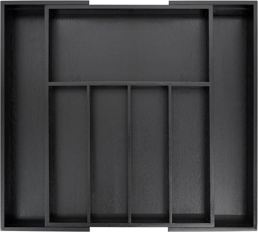 VaeFae Premium Bamboo Drawer Organizer, Expandable Silverware Drawer Organizer, Cutlery Tray with Dividers for Kitchen Utensils (Black, Large)