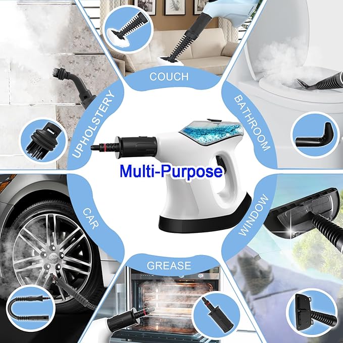 Handheld Steam Cleaner for Home, 10S Immediate Heat Hand Held Steam Cleaner, with Visualized Large Water Tank & 9 PCS Accessories & Safety Lock, for Kitchen,Couch,Floor,Window,Car (WHITE+BLACK)