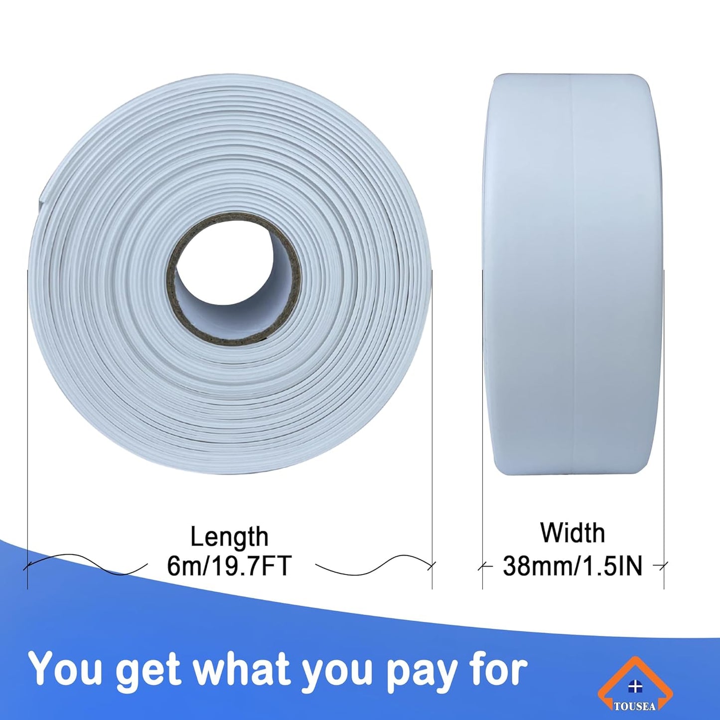 TOUSEA White Caulk Tape for Bathtub Self Adhesive,1.5" x 19.7Ft sealant Caulk Strip Caulking Sealing Tape for Kitchen Countertop,Bathroom,Toilet,and Bathtub Floor Wall Edge Protector