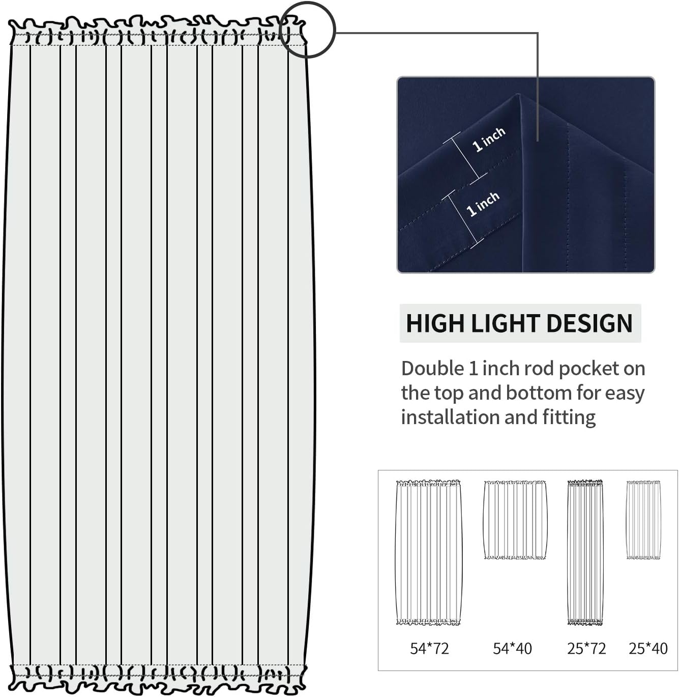 DWCN French Door Curtains – Rod Pocket Thermal Blackout Curtain for Doors with Glass Window, Kitchen and Patio Doors for Privacy, 25 X 40 Inch Length, 1 Curtain Panel with Tieback, Navy Blue