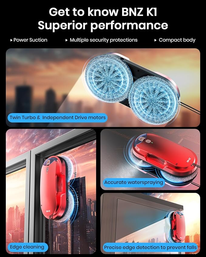 BNZ Smart Window Cleaning Robot, Twin Turbo & Dual Auto-Spray Window Cleaner with Multiple Safety System, AI Path Planning, Frameless Edge Detection, K1 (Ruby Red)