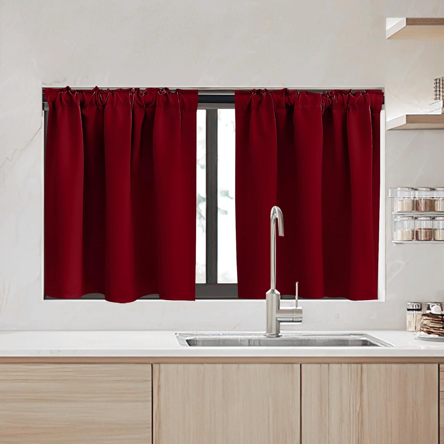 RYB HOME Small Window Curtains - Blackout Insualting Privacy Curtains for Kids Bedroom Kitchen Bathroom Basement Cafe Cabinet Tiers Drapes, 34 Width x 24 Length, 2 Panels, Burgundy Red