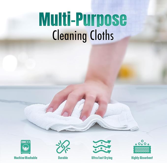 ZUPERIA Terry Towels Pack of 60 (14" X 17" Inches) 100% Cotton Terry Barmop Towels - Absorbent & Durable Bar Rags, Multipurpose Cleaning Rags for Home, Automotive & Garage Cleaning Supplies (White)