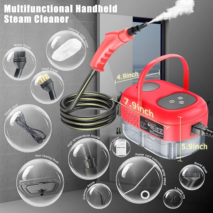 Handheld Steam Cleaner with Touch Screen, Portable Steamer for Cleaning, Hand Held Steamer Cleaner, Pressurized Hand Steam Cleaner for Home Car Detailing Walls Grout Couch Tile Carpet, Red