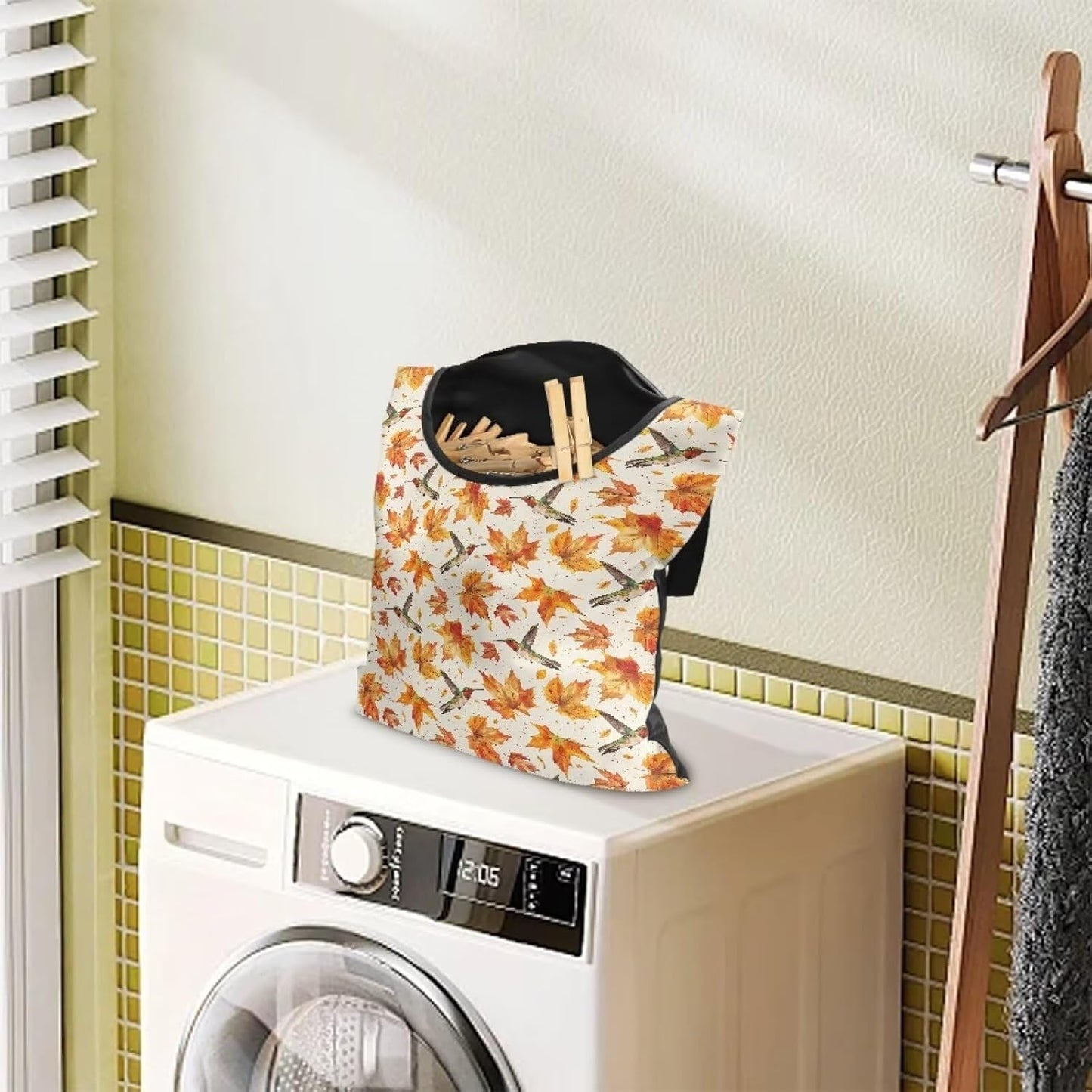Maple Leaf Large Capacity 14.5 x 12 Inch Clothespin Bag with Hanging Hook Hummingbird Waterproof Clothes Pin Hanging Bag Clothespin Storage Organizer with Large Opening