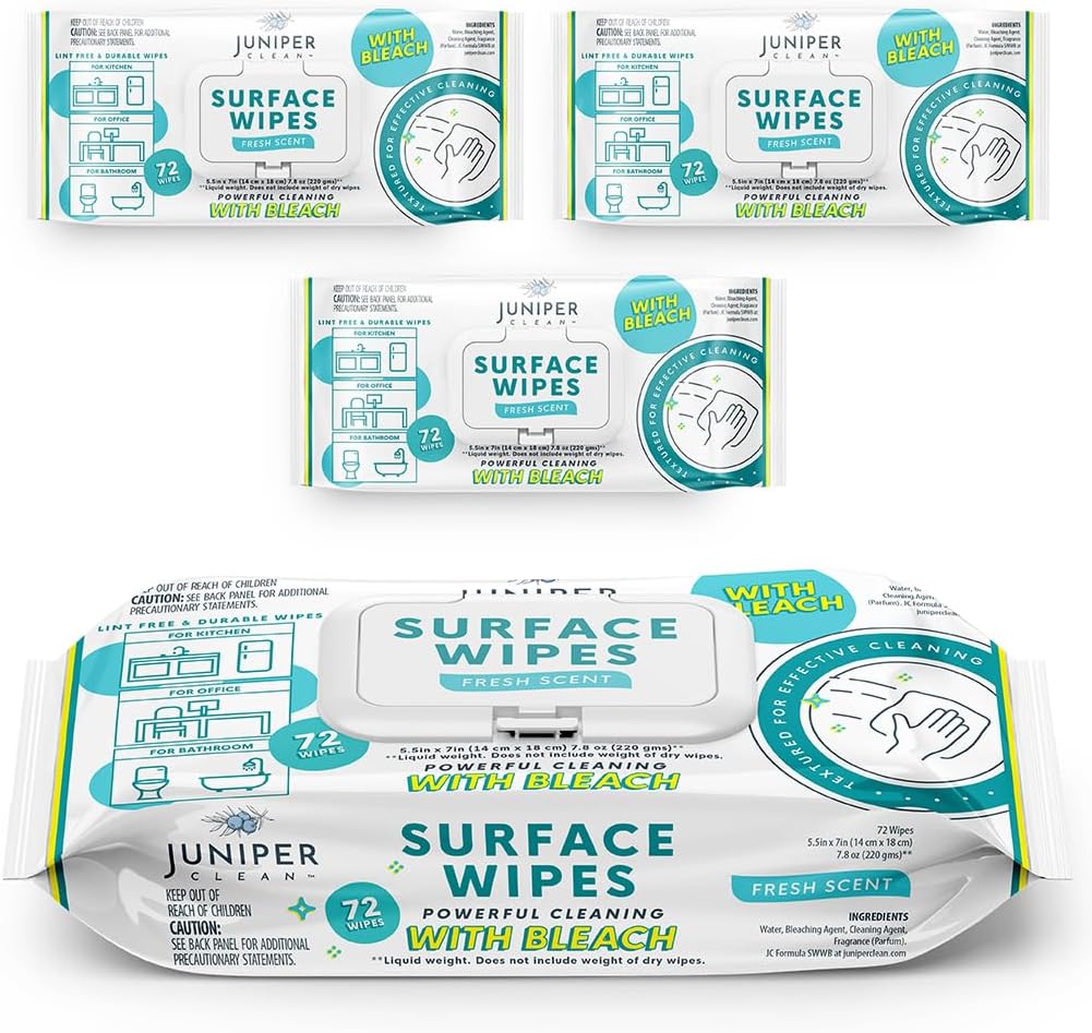 3 Pack Surface Cleaning Wipes with Bleach, All-Purpose Cleaner for Bathroom, Kitchen, Office, 216 Count Soft Flow, Fresh Scent, Lint Free & Durable