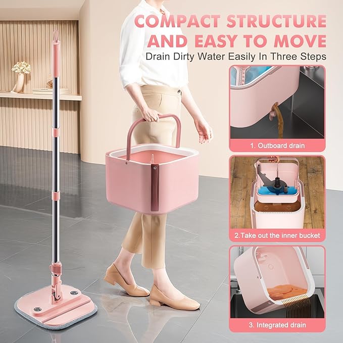 KZKR Square Spin Mop and Bucket Set with Self Separation Dirty and Clean Water System,Self Wringing 360° Rotating Mops Head for Home Floors Cleaning (2.0 mop Bucket Set with 6 Pads, Pink)