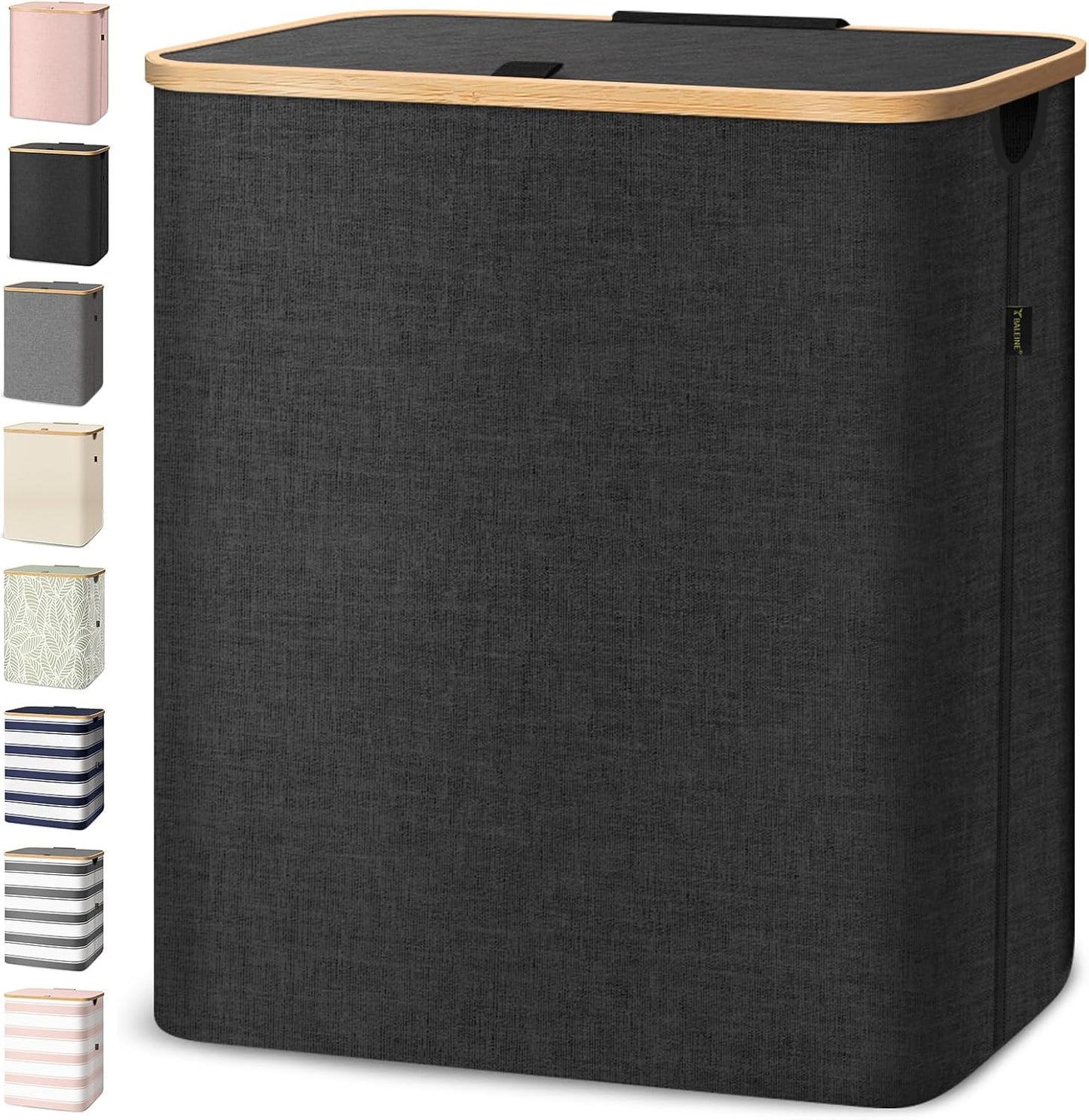 BALEINE Laundry Hamper with Lid, Tall Laundry Baskets with Bamboo Pull Handles, Large Laundry Bin with Internal Support (36 Gal/140L, Black)