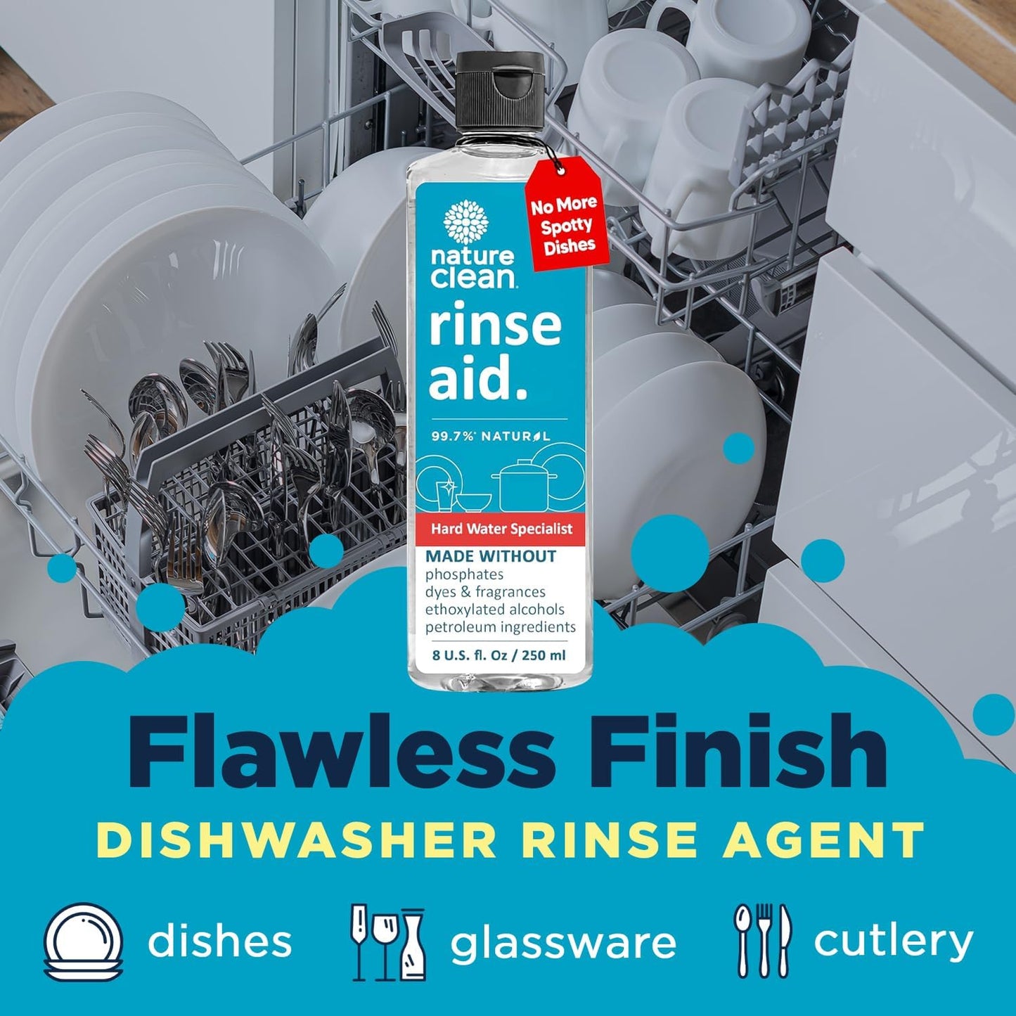 All Natural Dishwasher Rinse Aid Cleaner, Liquid Dishwasher Rinse Agent for Spot-Free Glass & Cutlery in Hard Water, Non Toxic Dish Washer Rinse Aid & Stain Remover, 8 oz/250ml, Pack of 12