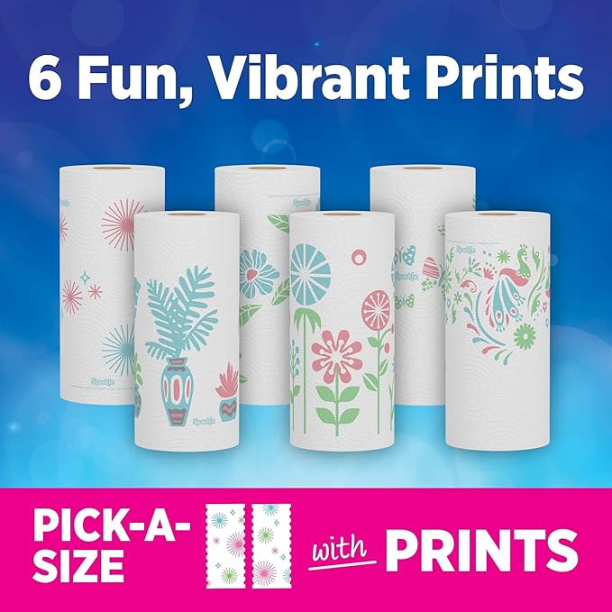Sparkle Pick-A-Size Paper Towels, Spirited Prints, 2 Double Rolls, Strong 2 Ply Towels for Kitchen Cleanup and Everyday Messes