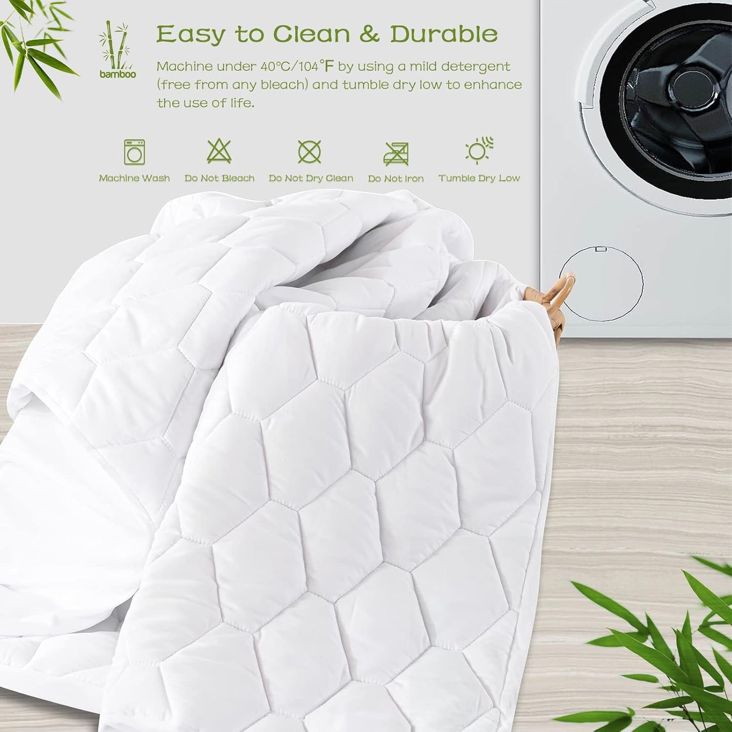 GRT Twin XL Mattress Protector Waterproof, Rayon from Bamboo, Cooling Quilted Fitted Mattress Pad, Noiseless Waterproof Mattress Cover, fits up to 18" Deep, Dust Proof White