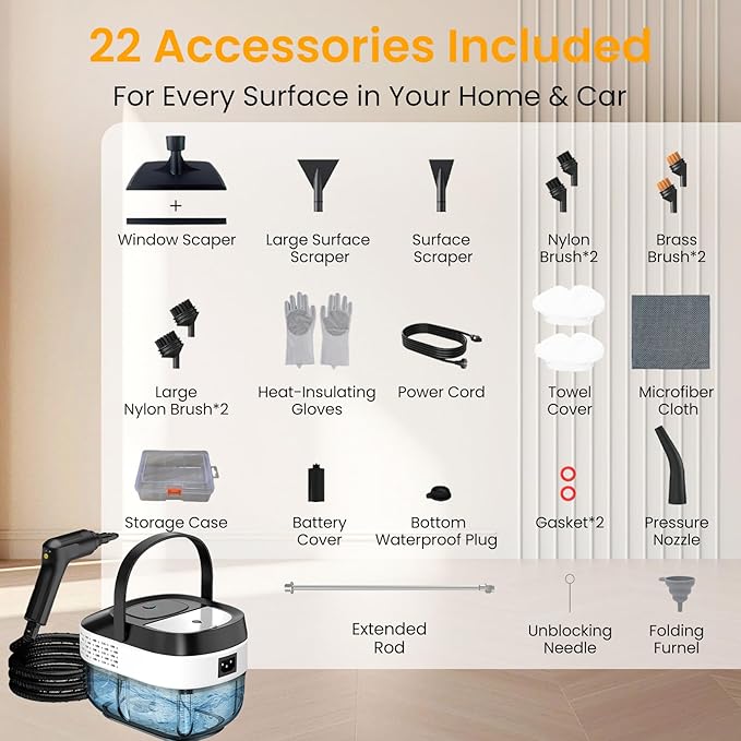 Pressurized Steam Cleaner 1.6L, 3-Level Adjustable Steamer for Cleaning, 10s Heat-Up, 2500W Handheld Steamer Cleaner for Home, Car, Kitchen, Floor, Multi-Surface Cleaning Machine, 22pcs Accessories