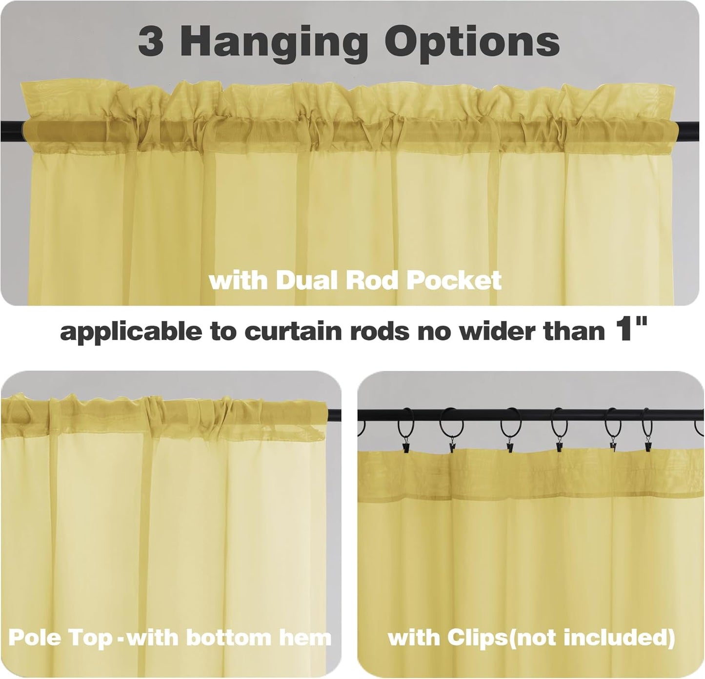 Chyhomenyc Yellow Sheer Curtains 54 Inch Long 2 Panels, Light Filtering Rod Pocket Voile Short Curtains Drapes for Living Room Bedroom Small Windows, 42Wx45L Inches