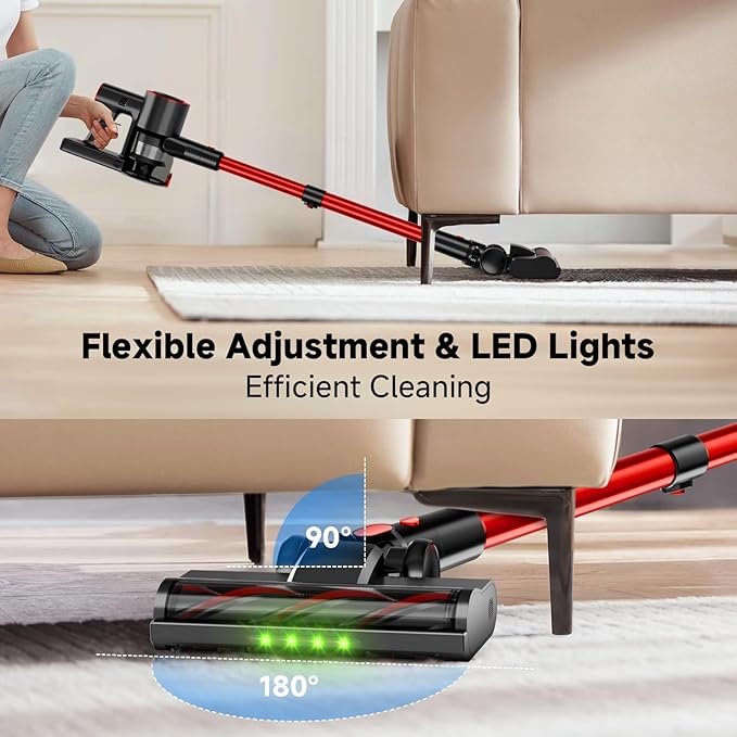 Cordless Stick Vacuum Cleaner, 40Kpa Powerful Suction Vacuum Cleaner with LED Headlight, Detachable Battery, 8-in-1 Lightweight Handheld Vacuums for Pet Hair Carpet and Hardwood Floor, Red