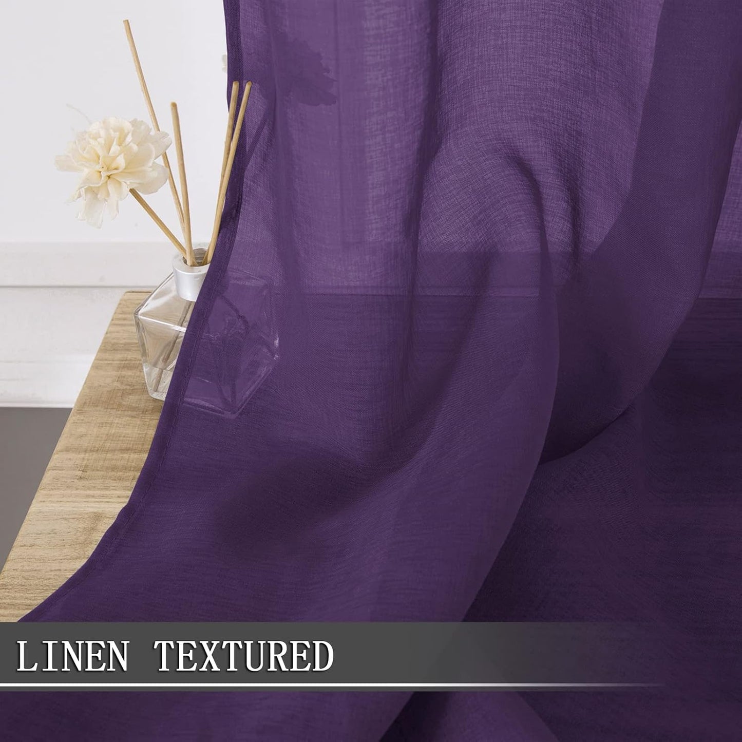 Tollpiz Short Sheer Curtains Living Room Linen Textured Curtain Sheers Light Filtering Voile Rod Pocket Curtains for Bedroom, 38 x 45 inches Long, Royal Purple, Set of 2 Panels