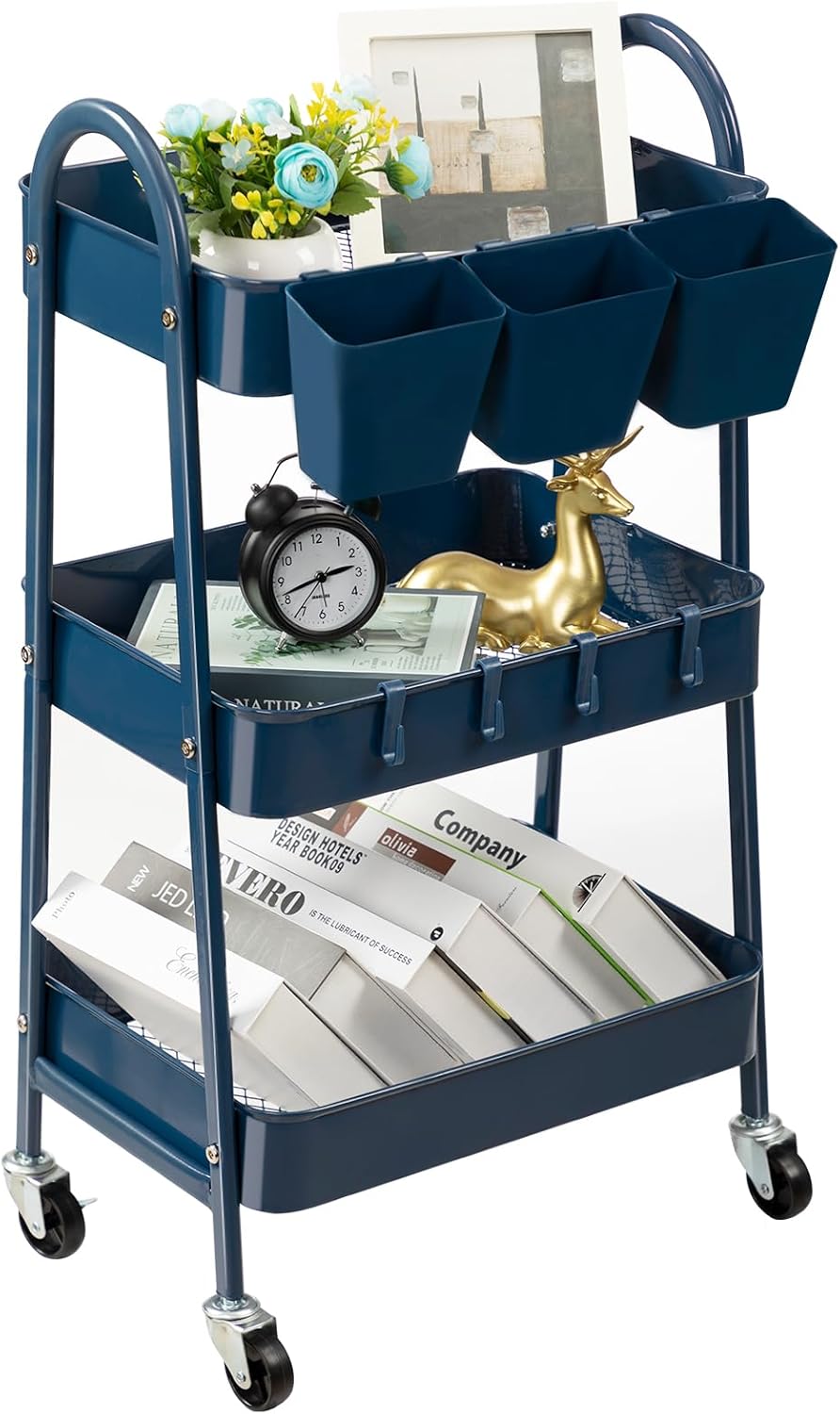 danpinera 3-Tier Rolling Cart, Metal Rolling Storage Cart with Lockable Wheels & Hanging Cups & Hooks, Mobile Trolley Cart for Kitchen, Bathroom, Office, Workshop, Dark Blue