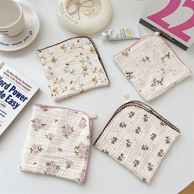 BuLuTu 4 Pack Cotton Muslin Cleaning Towels Shabby Chic Floral Washcloths for Home Kitchen, 11x11 Inches, Super Absorbent Multi-Purpose Cleaning Rags Durable Dish Rags