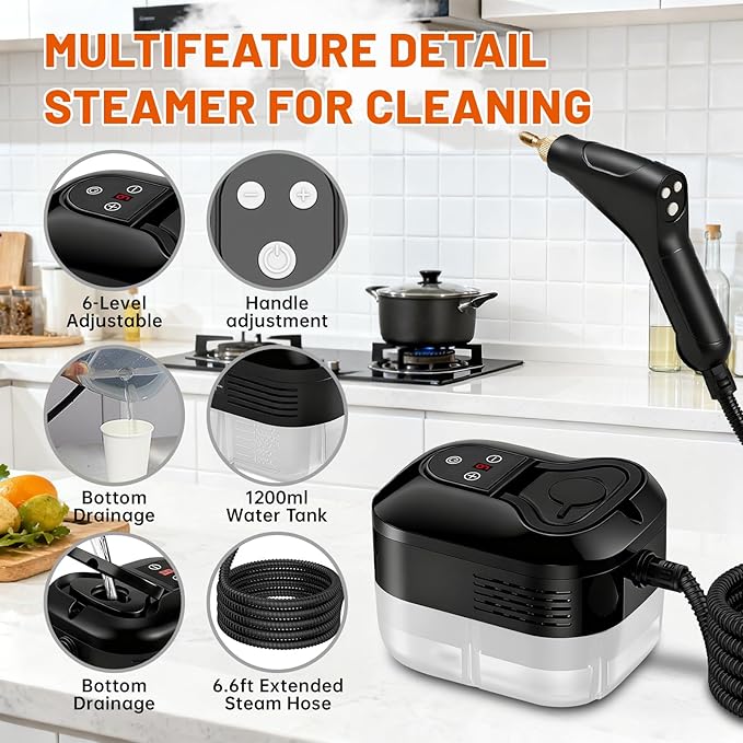 Pressurized Handheld Steam Cleaner, Portable Steamer for Cleaning with 1.2L Large Tank, 15s Fast Heat-Up, 6-Level Adjustable, Powerful Steam Cleaner for Home, Car, Kitchen, Tile, Grout(Black)