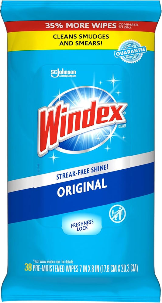 Windex Wipes Glass Cleaning, Pre-Moistened Glass and Surface Wipes to Clean Home Surfaces, Household Essentials, Original Scent, 38 Count (Pack of 1)