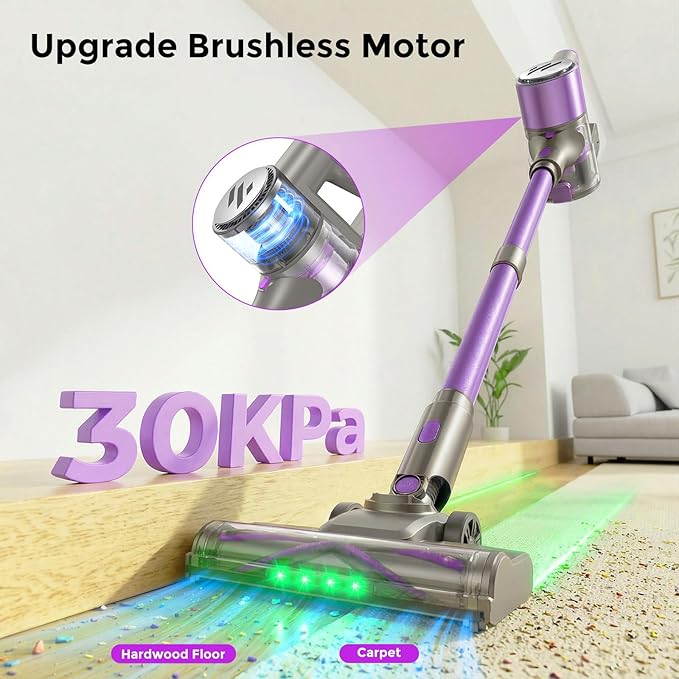 Vacuum Cleaners for Home,Cordless Vacuum Cleaner,Lightweight Stick Vacuum Cordless Rechargeable,Self-Standing Design,LED Touch Screen,Vacuum for Hardwood Floors,Carpet,Pet Hair(Deep Purple)