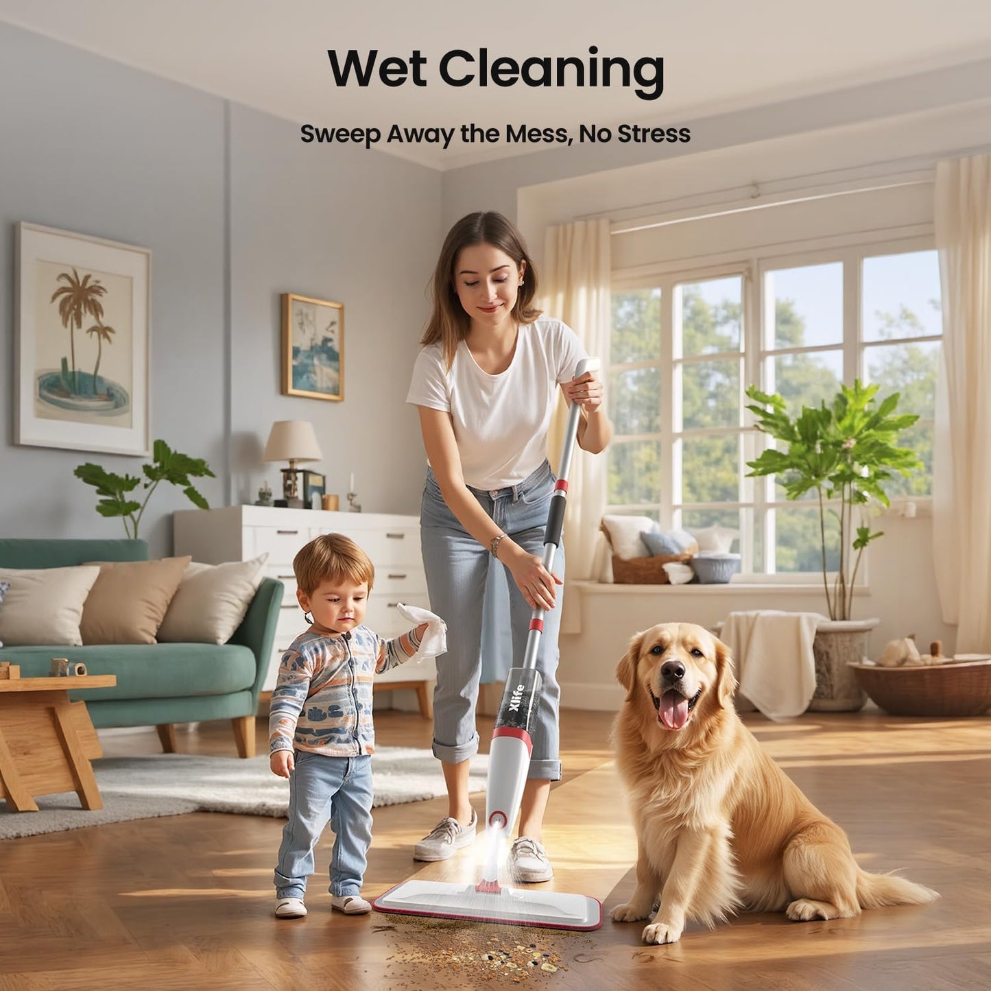 Spray Mops for Floor Cleaning with 3pcs Washable Pads, Xlife Wet Dry Mop for Kitchen Wood Hardwood Laminate Ceramic Tiles Floor Dust Cleaning-Red (No Cleaner)