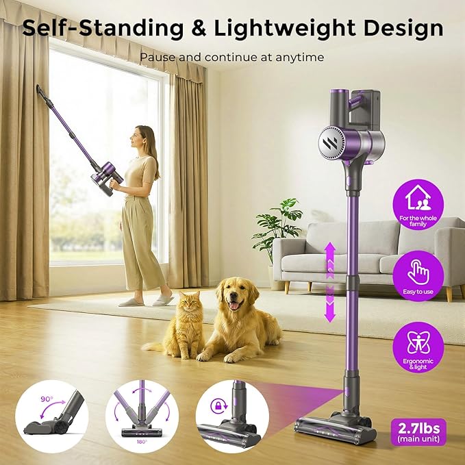 Vacuum Cleaners for Home,Cordless Vacuum Cleaner,Lightweight Stick Vacuum Cordless Rechargeable,Self-Standing Design,LED Touch Screen,Vacuum for Hardwood Floors,Carpet,Pet Hair(Purple)