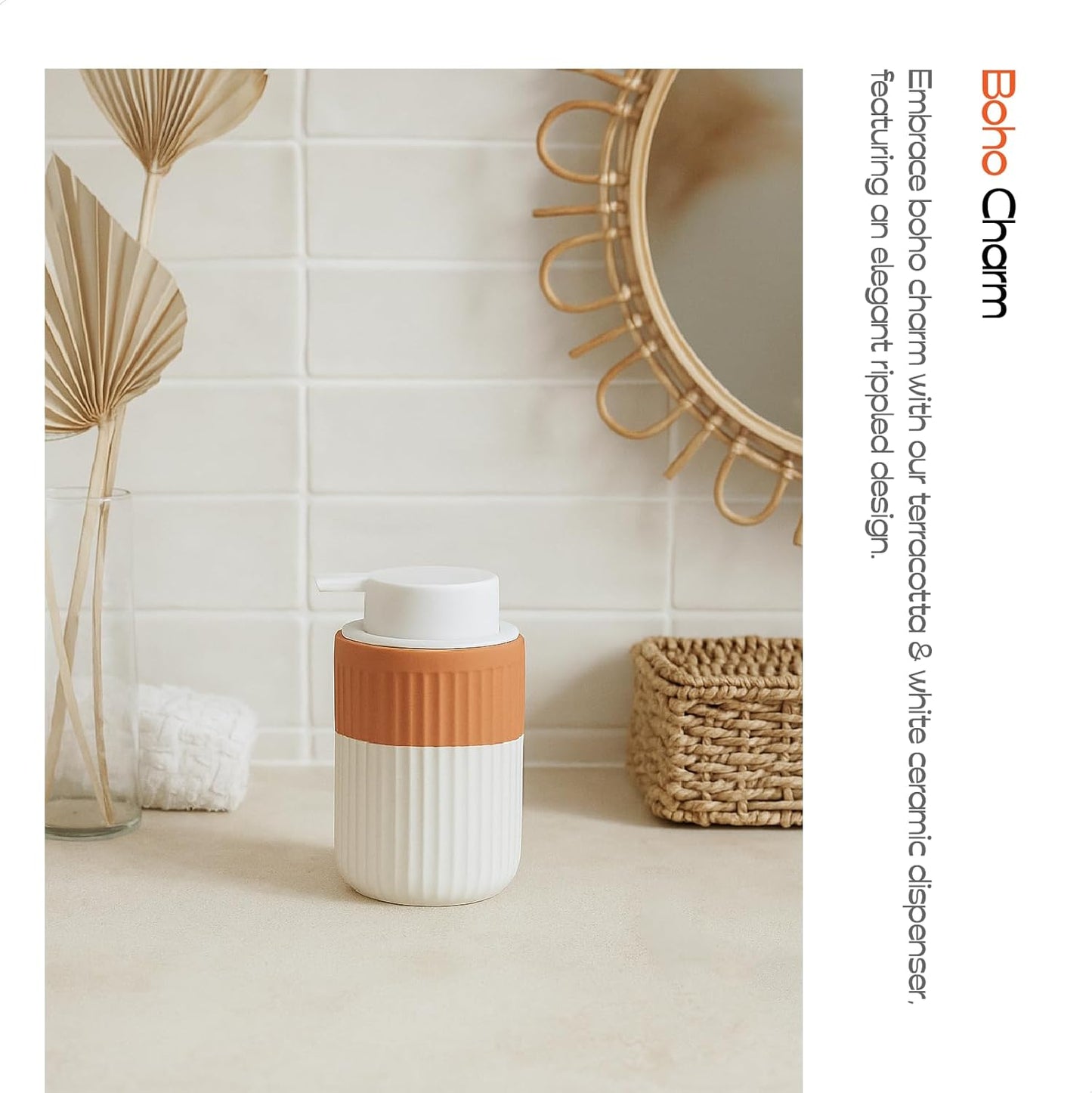 2 Pack Hand Dipped Terracotta Ceramic Foam Soap Dispenser, 12 oz Rippled Bubble-Up Bottle with White Silicone Pump, Refillable Orange Hand Soap Dispenser for Bathroom