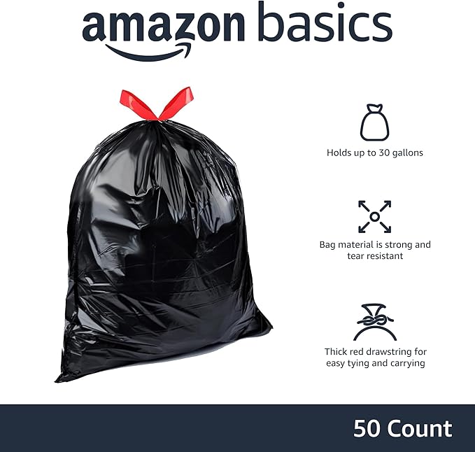Amazon Basics Trash Bags, 30 Gallon, 50 Count | Drawstring | Multipurpose | Pack of 2