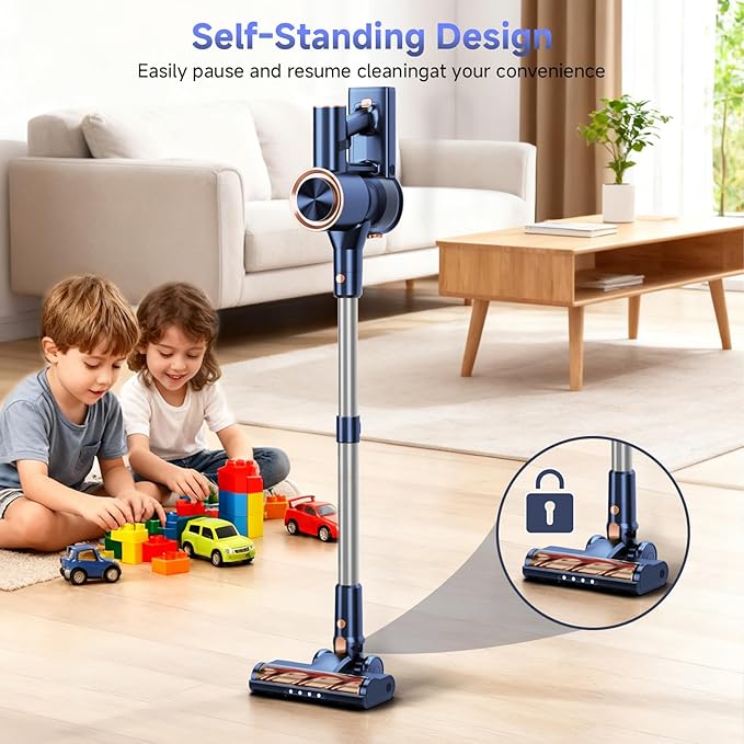 Cordless Stick Vacuum Cleaner - 45KPA Powerful Suction Vacuum with 45 Min Runtime, Detachable Battery, Anti-Tangle & 1.5L Dust Cup, 8 in 1 Vacuum Cleaner for Pet Hair, Carpet, HardFloor, Blue