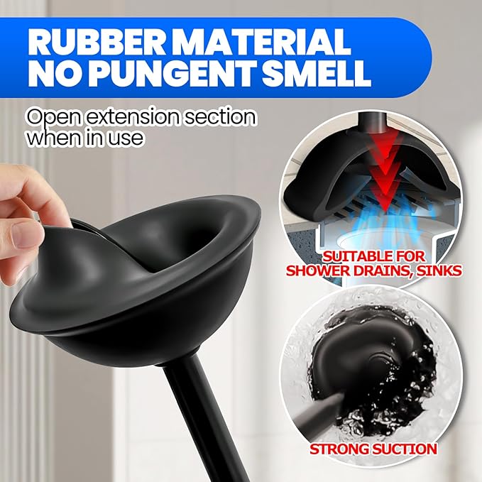 4-Piece Toilet Brush and Plunger Set, Extended Handle Plunger,Toilet Bowl Brush Plunger Set,Bathroom Cleaning Tools,Cleaning Brush,Cleaning Supplies,Toilet Brush Plunger Combo,Black（20inch）