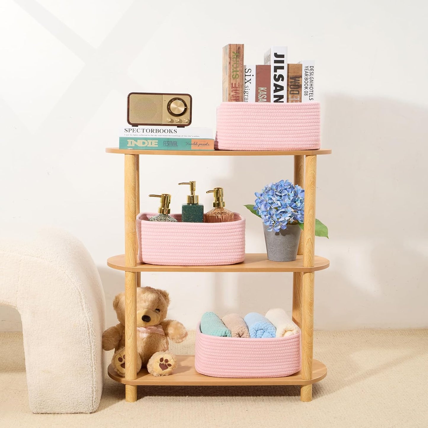 Small Storage Baskets for Organizing | Closet Organizer Bins | Shelf Toy Basket | Woven Rope Baskets | Cube Decorative Box | Shallow Basket | 11.5x7.5x4.7” | 4 Packs Light Pink