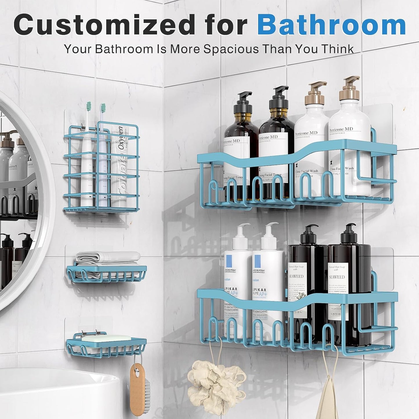 EUDELE 5-Pack Rustproof Stainless Steel Shower Caddy – No Drill Adhesive Bathroom Organizer with Large Capacity, Spacious Shower Shelves for Inside Shower, Kitchen & Home Decor Storage-XL Size