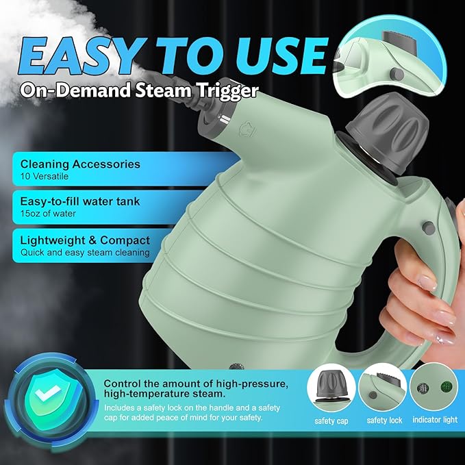 Handheld Steam Cleaner for Home, High-Pressure Chemical-Free Steamer with 10 Accessories for Deep Cleaning and Less Scrubbing on Kitchen Grease, Bathroom Tile, Grout, Floor and Couch(Green)